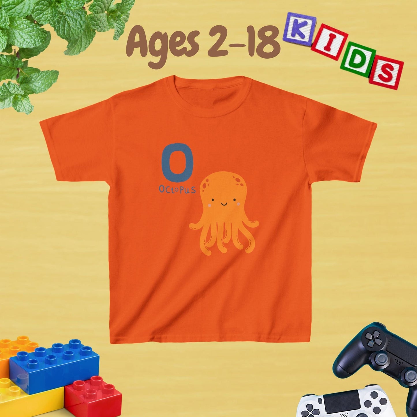 Animal Alphabet - O for Octopus Unisex Kids Tee - Fun Educational Graphic Tee for Age 2-18 Kids