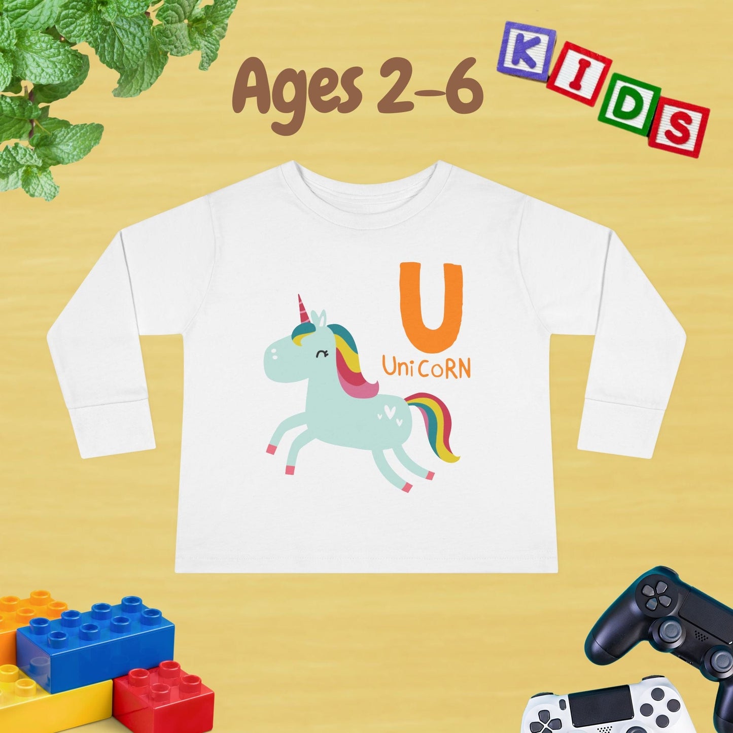 Animal Alphabet U for Unicorn Unisex Kids Sweater Toddler Long Sleeve Tee Ages 2-6 - 100% Cotton Spring and Fall Kids Sweatshirt