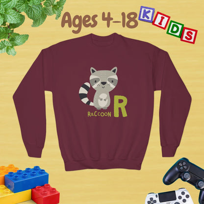 Animal Alphabet R for Raccoon Ages 4-18 Unisex Kids and Teens Sweatshirt - Cozy Fall and Winter Youth Sweatshirt