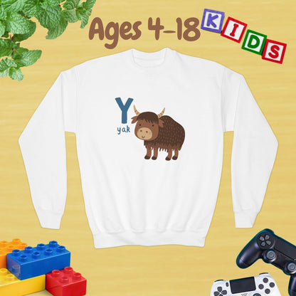 Animal Alphabet Y for Yak Ages 4-18 Unisex Kids and Teens Sweatshirt - Cozy Fall and Winter Youth Sweatshirt