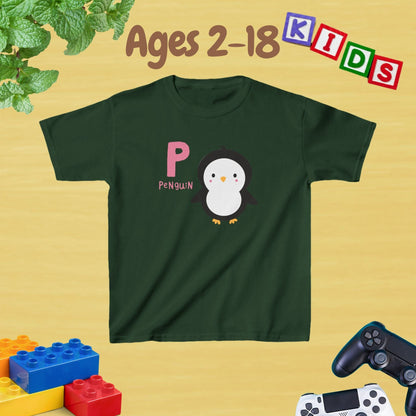 Animal Alphabet - P for Penguin Unisex Kids Tee - Fun Educational Graphic Tee for Kids Age 2-18