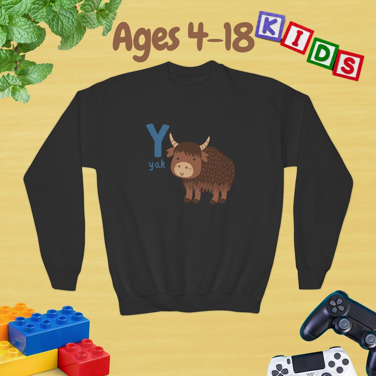 Animal Alphabet Y for Yak Ages 4-18 Unisex Kids and Teens Sweatshirt - Cozy Fall and Winter Youth Sweatshirt