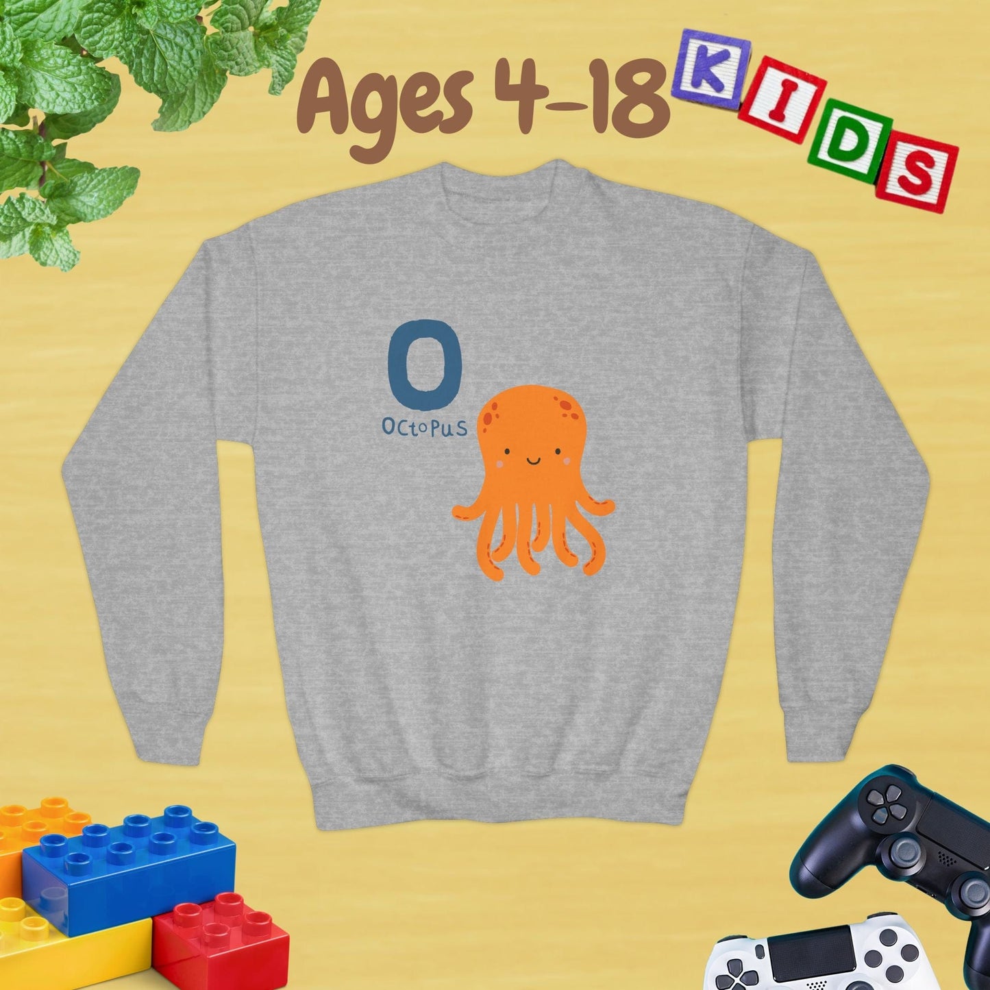 Animal Alphabet O for Octopus Ages 4-18 Unisex Kids and Teens Sweatshirt - Cozy Fall and Winter Youth Sweatshirt