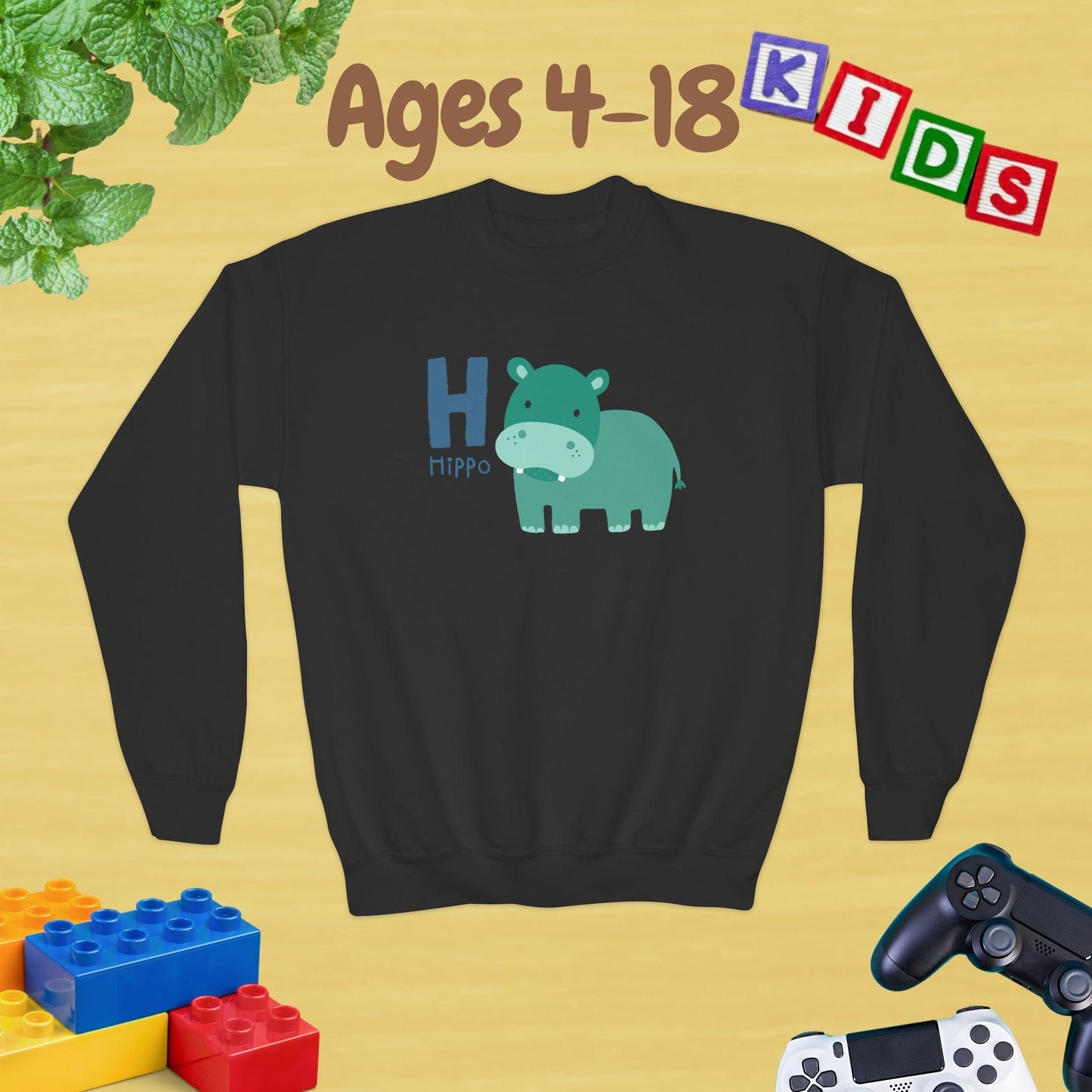 Animal Alphabet - H for Hippo Ages 4-18 Unisex Kids and Teens Sweatshirt - Cozy Fall and Winter Youth Sweatshirt