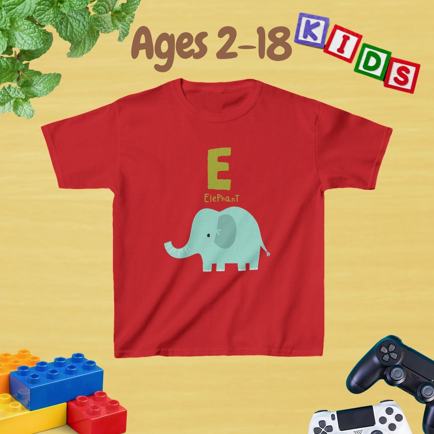 Animal Alphabet - E for Elephant Unisex Kids Tee - Graphic Alphabet Tee for Kids Age 2-18