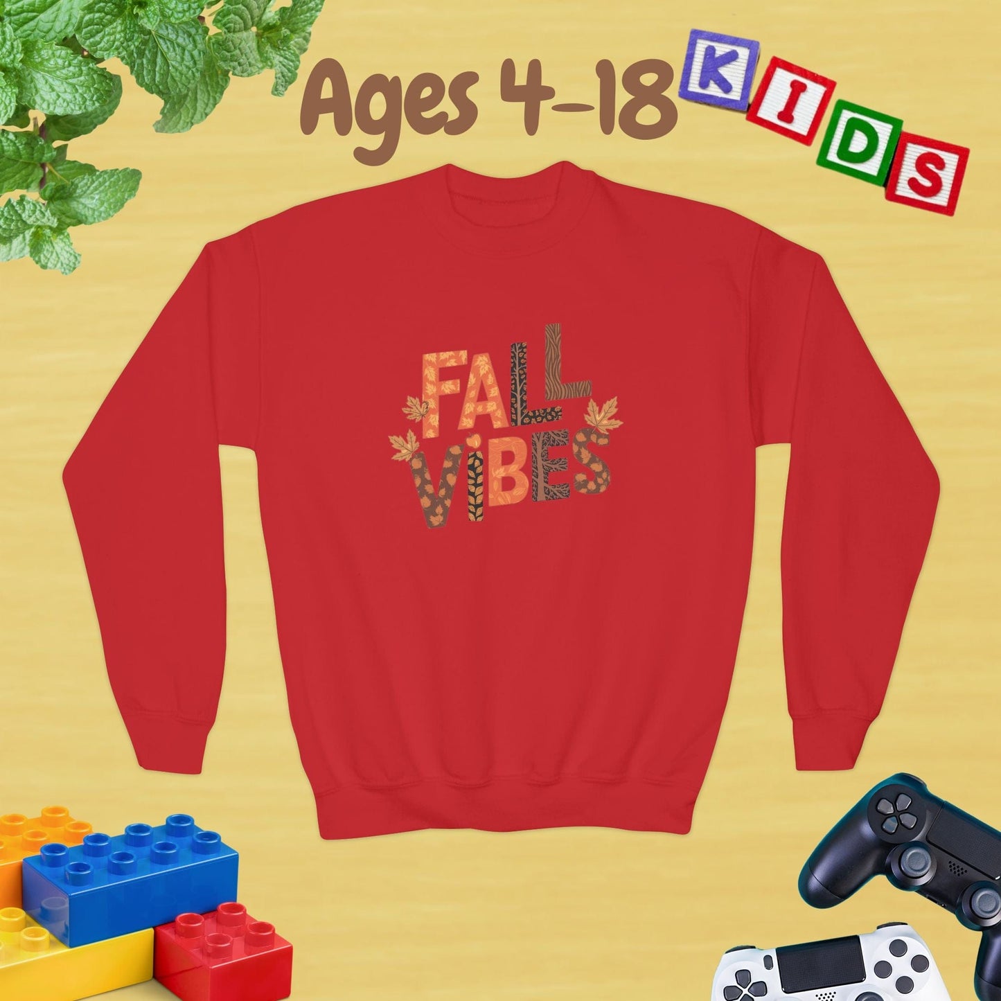 Fall Vibes Thanksgiving Edition Ages 4-18 Unisex Kids and Teens Sweatshirt - Cozy Fall and Winter Youth Sweatshirt