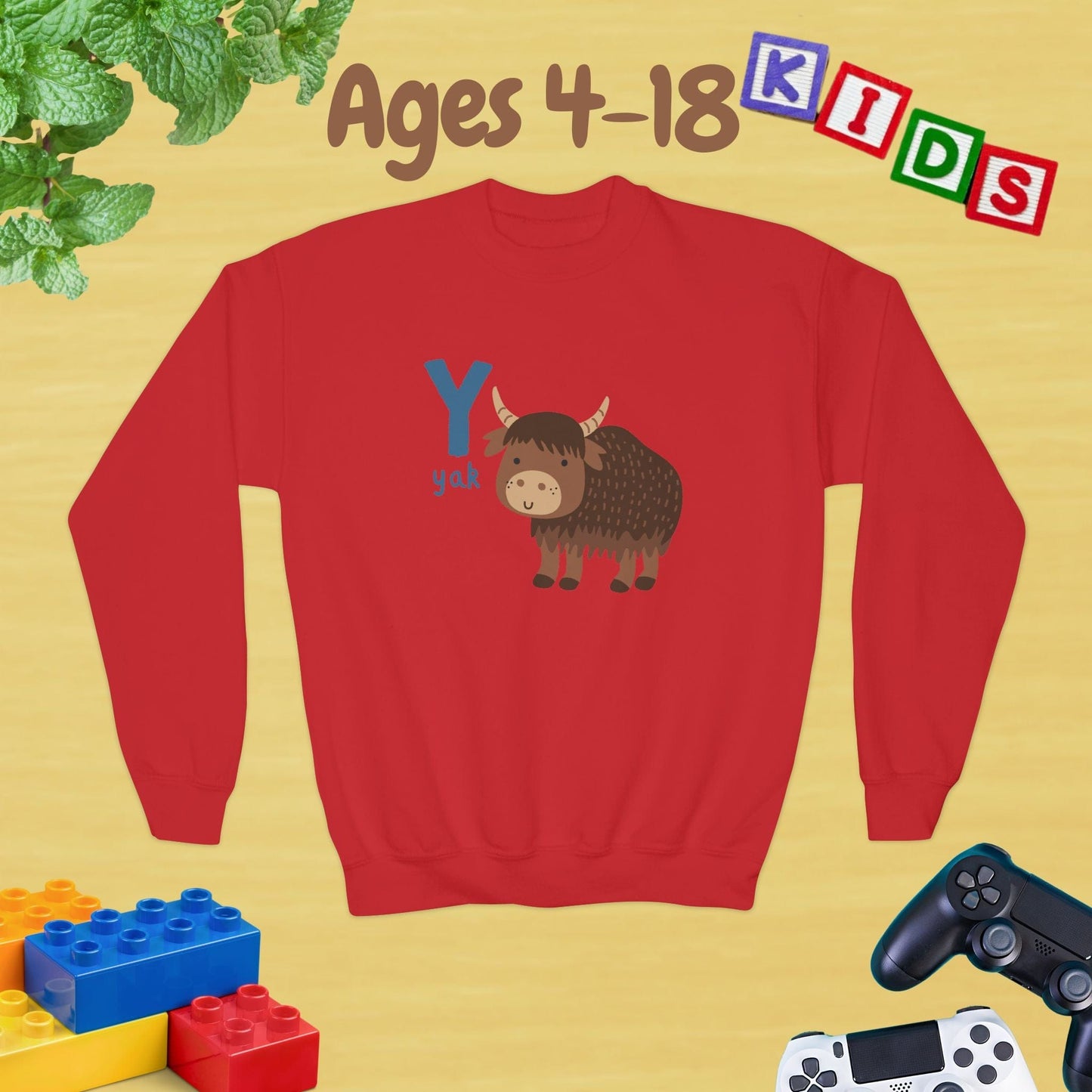 Animal Alphabet Y for Yak Ages 4-18 Unisex Kids and Teens Sweatshirt - Cozy Fall and Winter Youth Sweatshirt