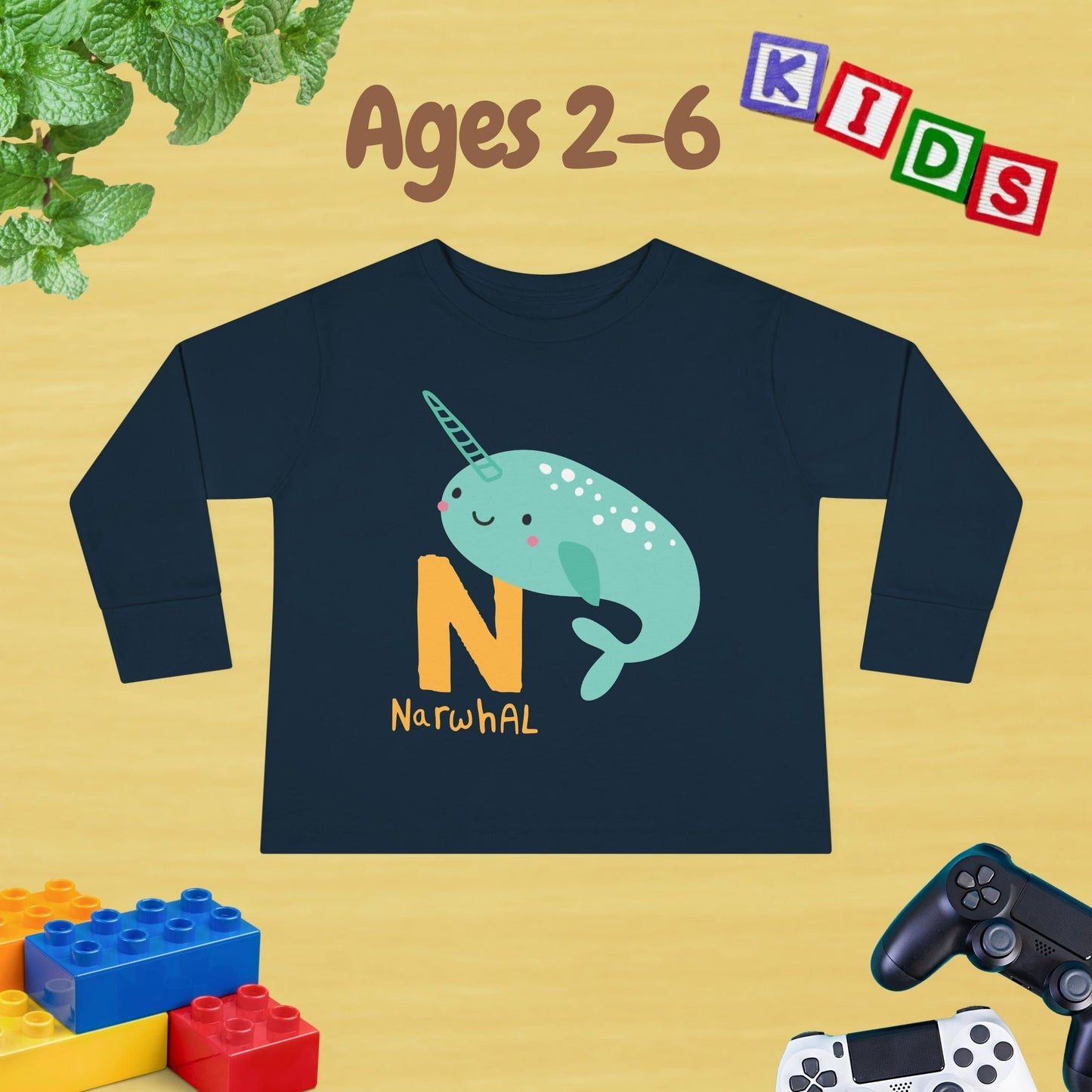 Animal Alphabet N for Narwhal Unisex Kids Sweater Toddler Long Sleeve Tee Ages 2-6 - 100% Cotton Spring and Fall Kids Sweatshirt