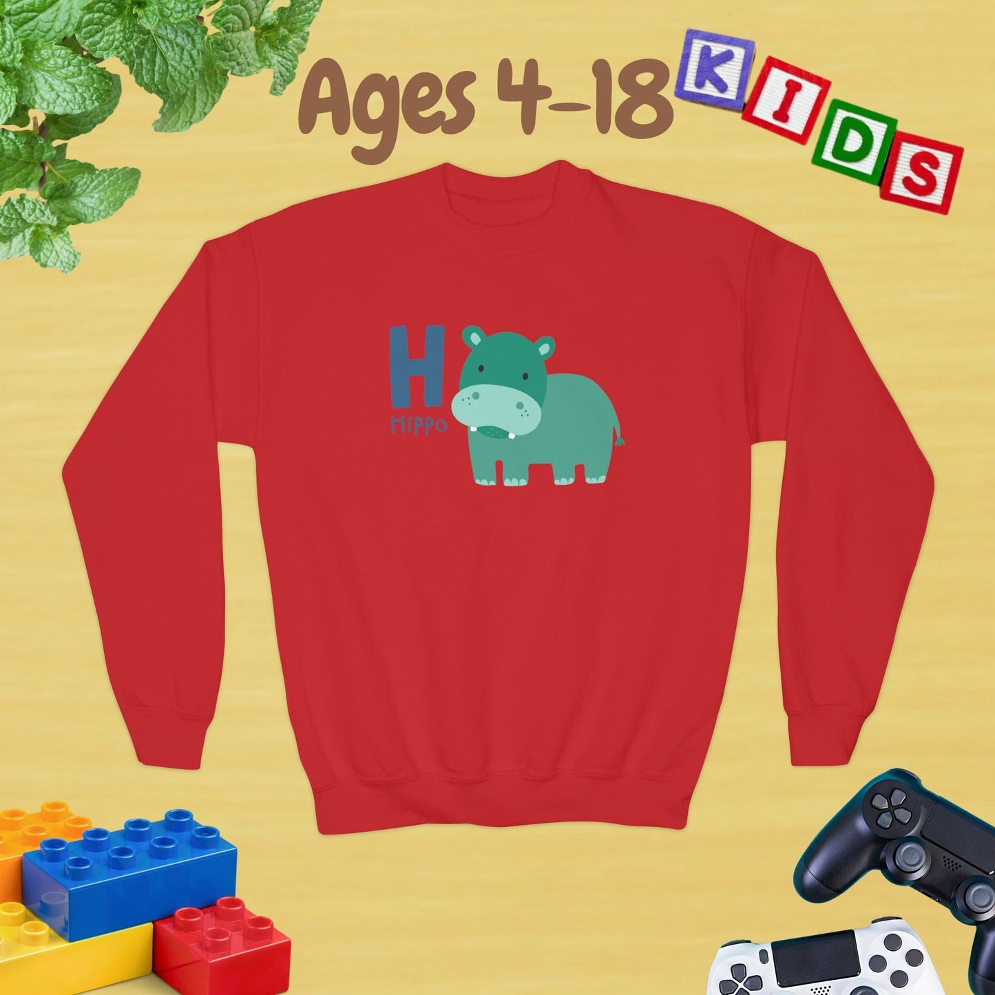 Animal Alphabet - H for Hippo Ages 4-18 Unisex Kids and Teens Sweatshirt - Cozy Fall and Winter Youth Sweatshirt