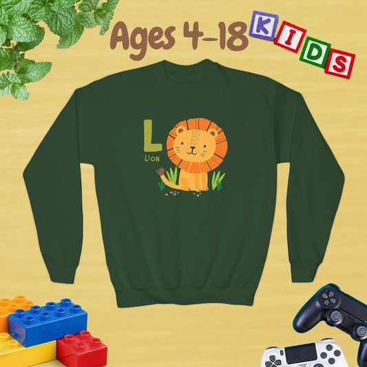 Animal Alphabet - L for Lion Ages 4-18 Unisex Kids and Teens Sweatshirt - Cozy Fall and Winter Youth Sweatshirt