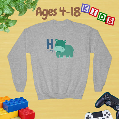 Animal Alphabet - H for Hippo Ages 4-18 Unisex Kids and Teens Sweatshirt - Cozy Fall and Winter Youth Sweatshirt