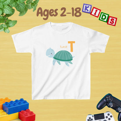 Animal Alphabet - T for Turtle Unisex Kids Tee - Fun Educational Graphic Tee for Kids Age 2-18