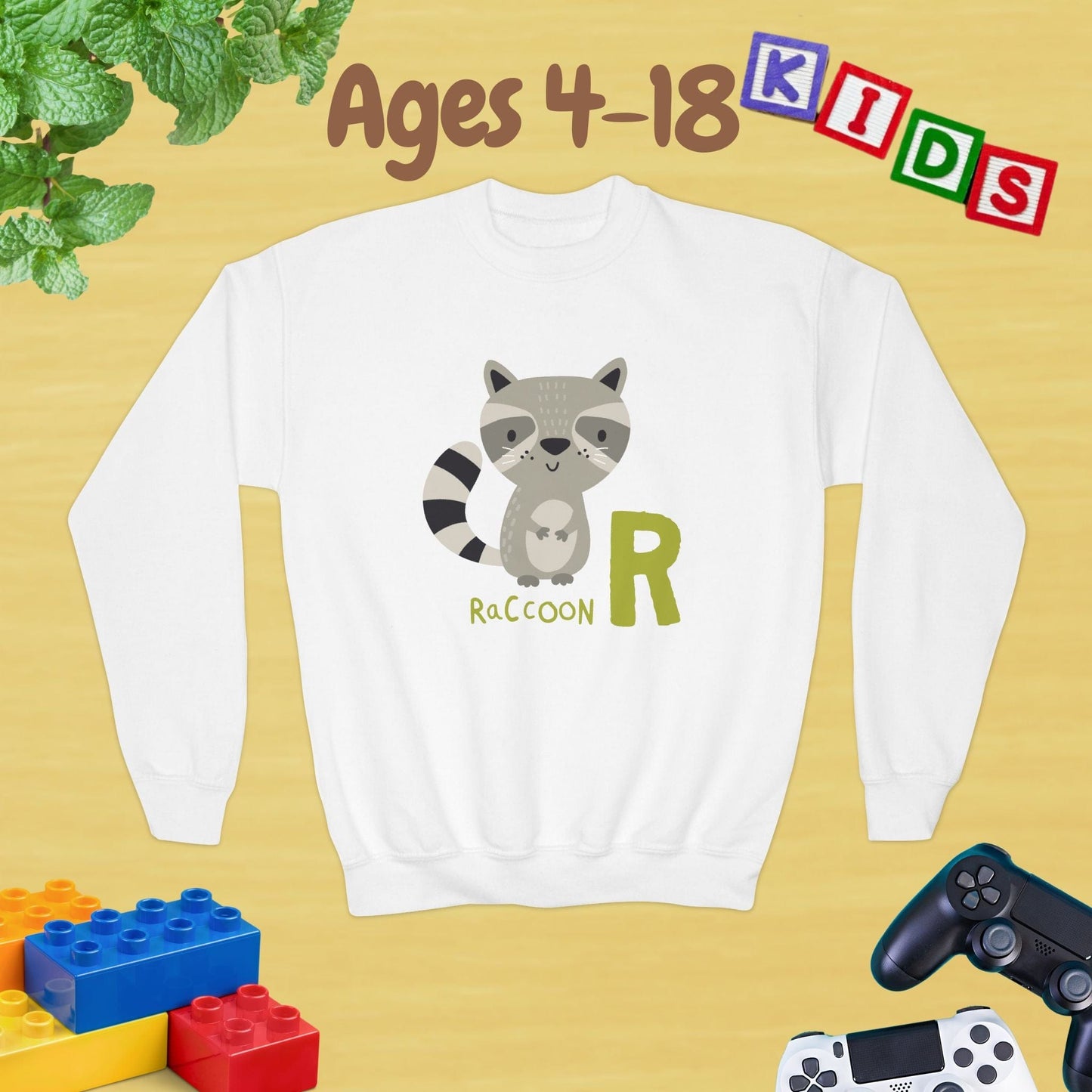 Animal Alphabet R for Raccoon Ages 4-18 Unisex Kids and Teens Sweatshirt - Cozy Fall and Winter Youth Sweatshirt