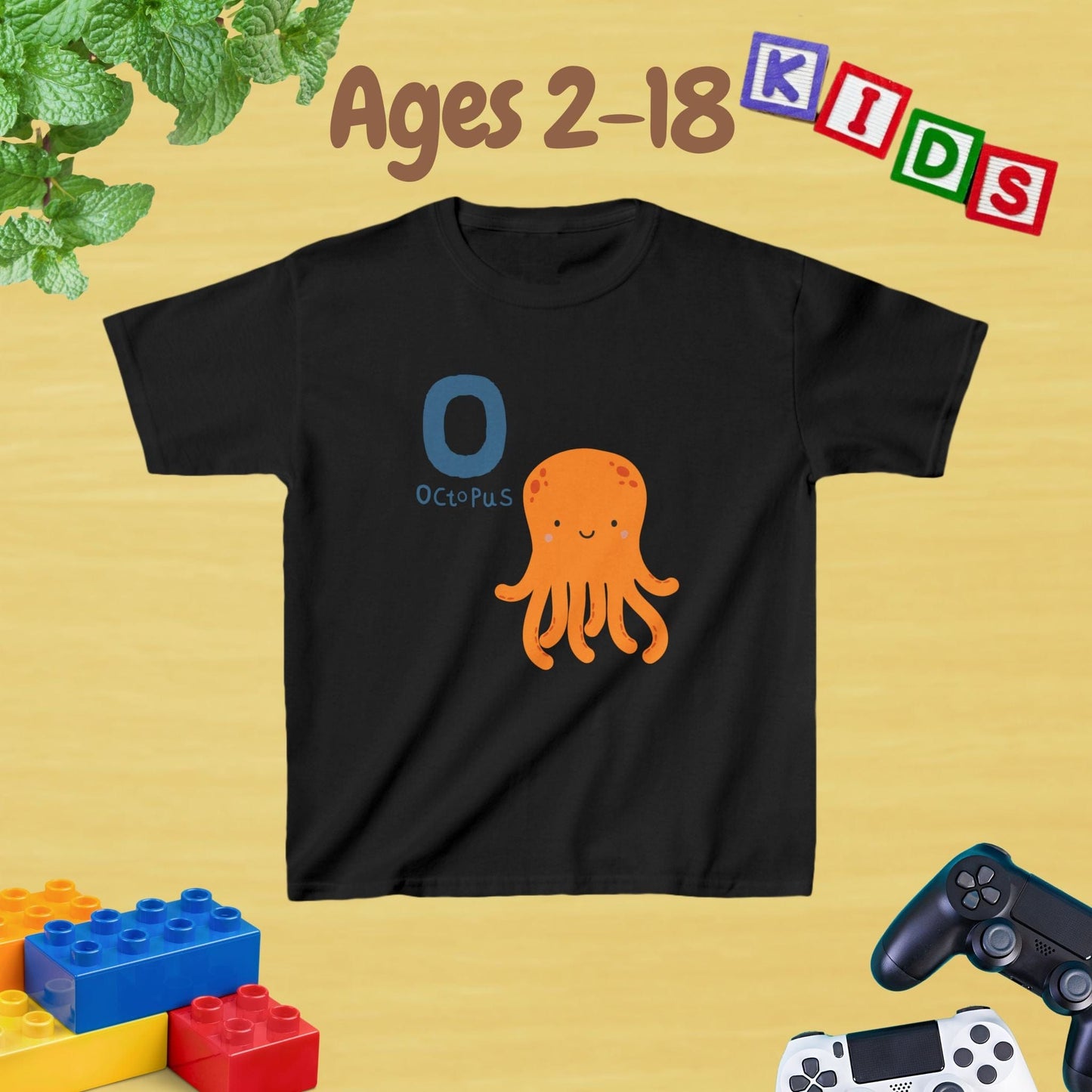 Animal Alphabet - O for Octopus Unisex Kids Tee - Fun Educational Graphic Tee for Age 2-18 Kids