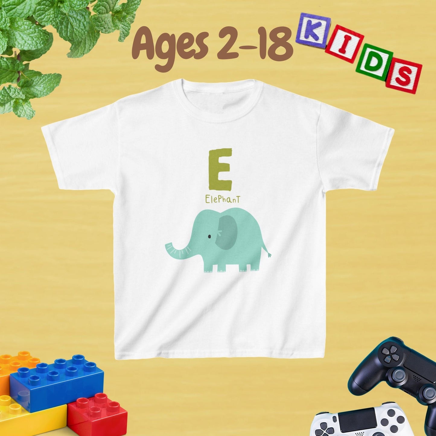 Animal Alphabet - E for Elephant Unisex Kids Tee - Graphic Alphabet Tee for Kids Age 2-18