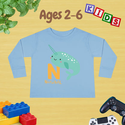 Animal Alphabet N for Narwhal Unisex Kids Sweater Toddler Long Sleeve Tee Ages 2-6 - 100% Cotton Spring and Fall Kids Sweatshirt