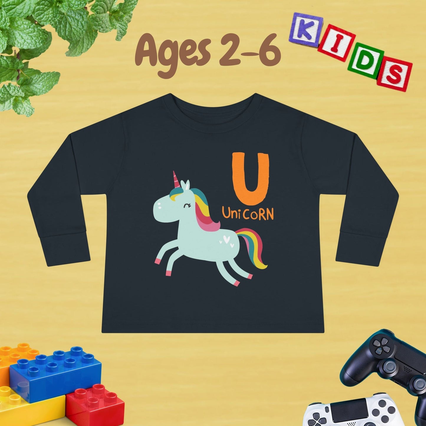 Animal Alphabet U for Unicorn Unisex Kids Sweater Toddler Long Sleeve Tee Ages 2-6 - 100% Cotton Spring and Fall Kids Sweatshirt