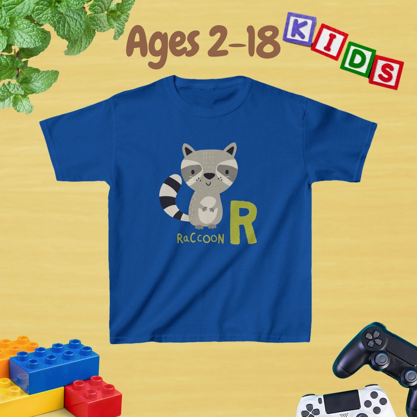 Animal Alphabet - R for Raccoon Unisex Kids Tee - Fun Educational Graphic Tee for Kids Age 2-18