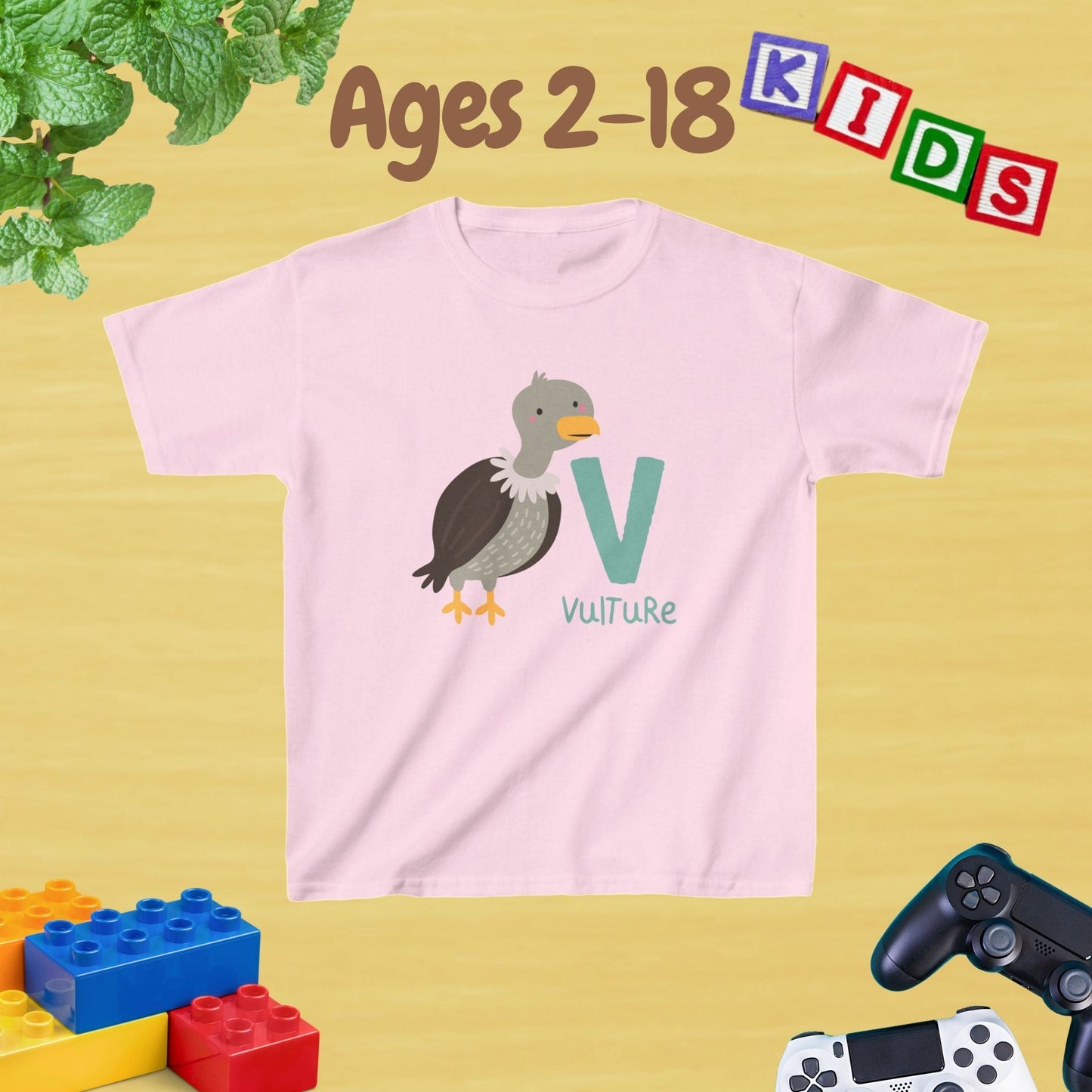 Animal Alphabet - V for Vulture Unisex Kids Tee - Fun Educational Graphic Tee for Kids Age 2-18