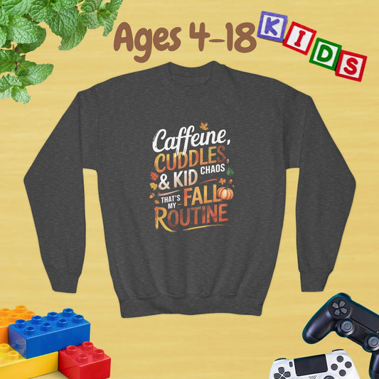 Caffeine, Cuddles, & Kid Chaos That is My Fall Routine Chill Unisex Ages 4-18 Kids Teens Sweatshirt - Cozy Fall Winter Youth Sweatshirt