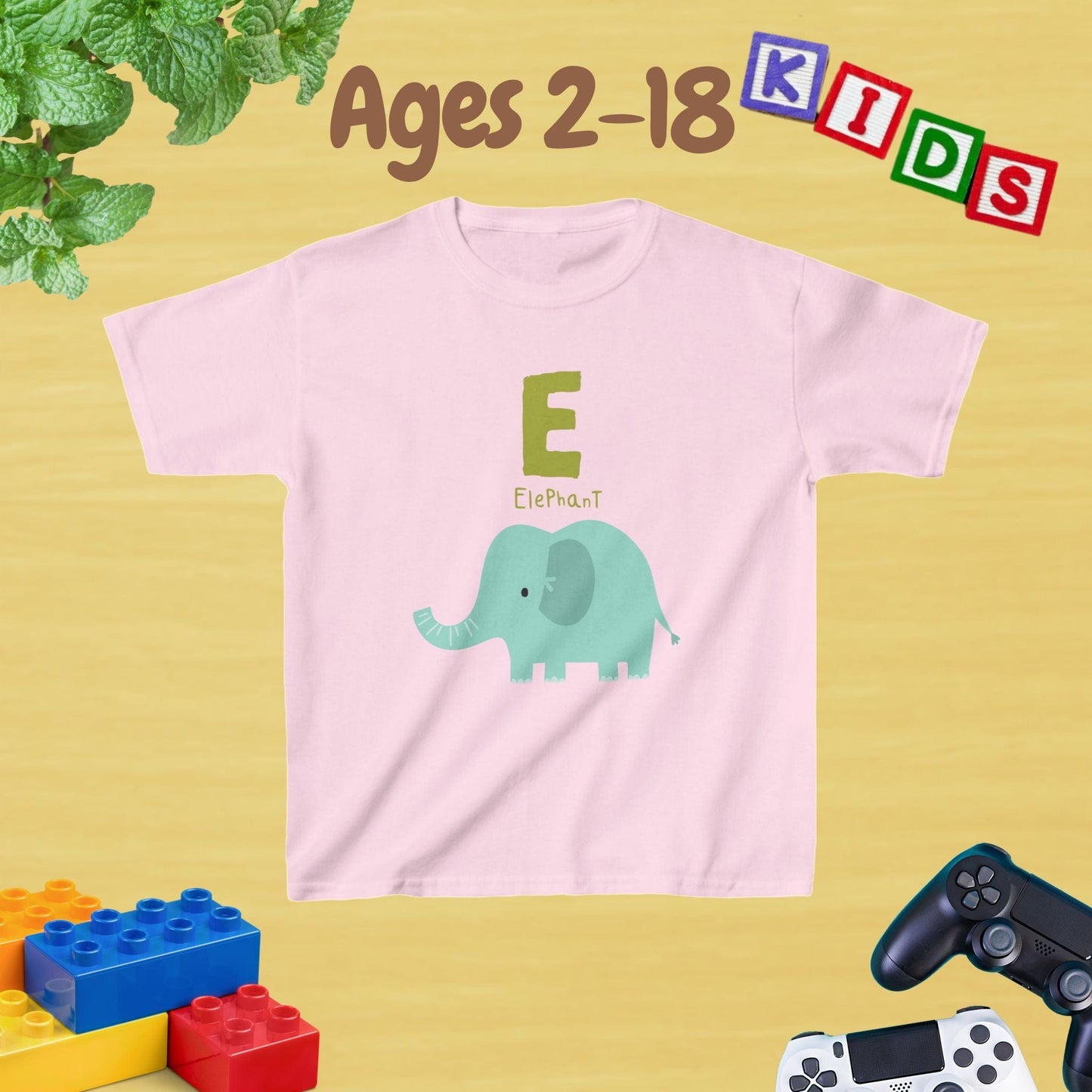 Animal Alphabet - E for Elephant Unisex Kids Tee - Graphic Alphabet Tee for Kids Age 2-18