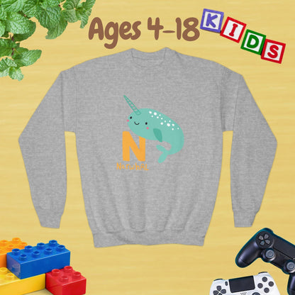 Animal Alphabet N for Narwhal Ages 4-18 Unisex Kids and Teens Sweatshirt - Cozy Fall and Winter Youth Sweatshirt