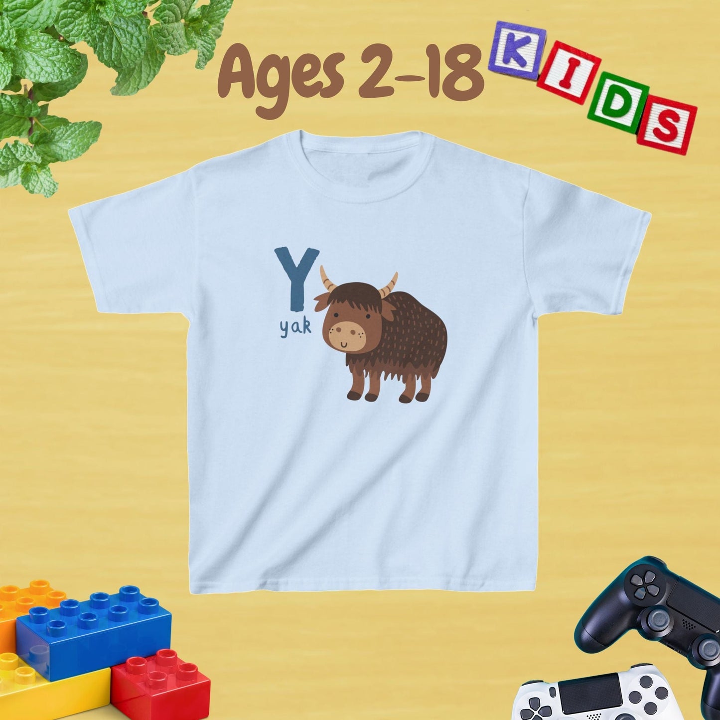 Animal Alphabet - Y for Yak Unisex Kids Tee - Fun Educational Graphic Tee for Kids Age 2-18