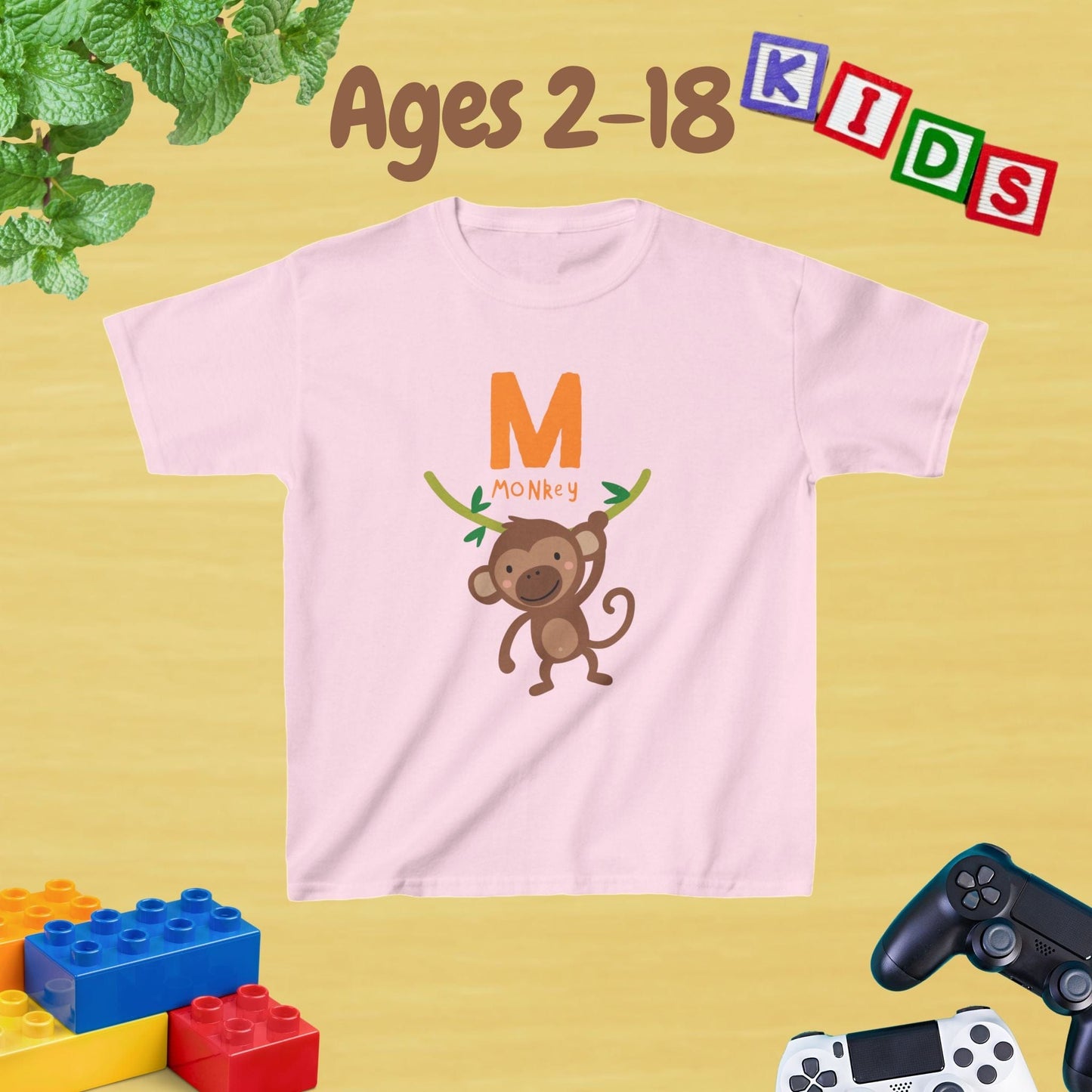 Animal Alphabet - M for Monkey Unisex Kids Tee - Fun Educational Graphic Tee for Kids Age 2-18