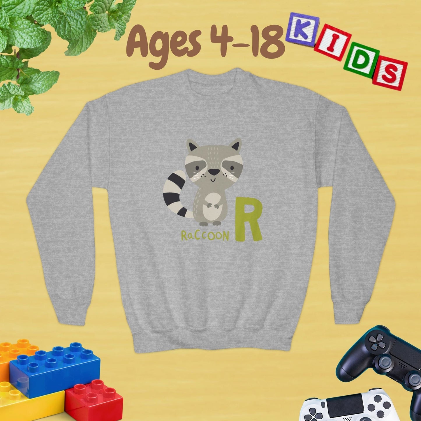 Animal Alphabet R for Raccoon Ages 4-18 Unisex Kids and Teens Sweatshirt - Cozy Fall and Winter Youth Sweatshirt