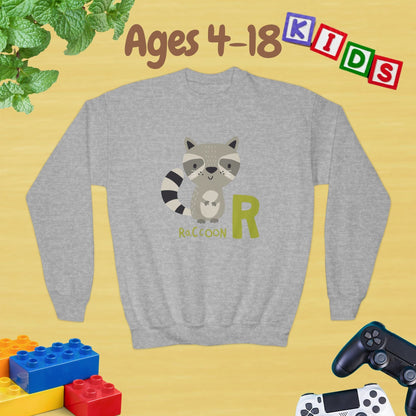 Animal Alphabet R for Raccoon Ages 4-18 Unisex Kids and Teens Sweatshirt - Cozy Fall and Winter Youth Sweatshirt