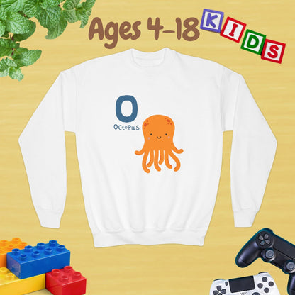 Animal Alphabet O for Octopus Ages 4-18 Unisex Kids and Teens Sweatshirt - Cozy Fall and Winter Youth Sweatshirt