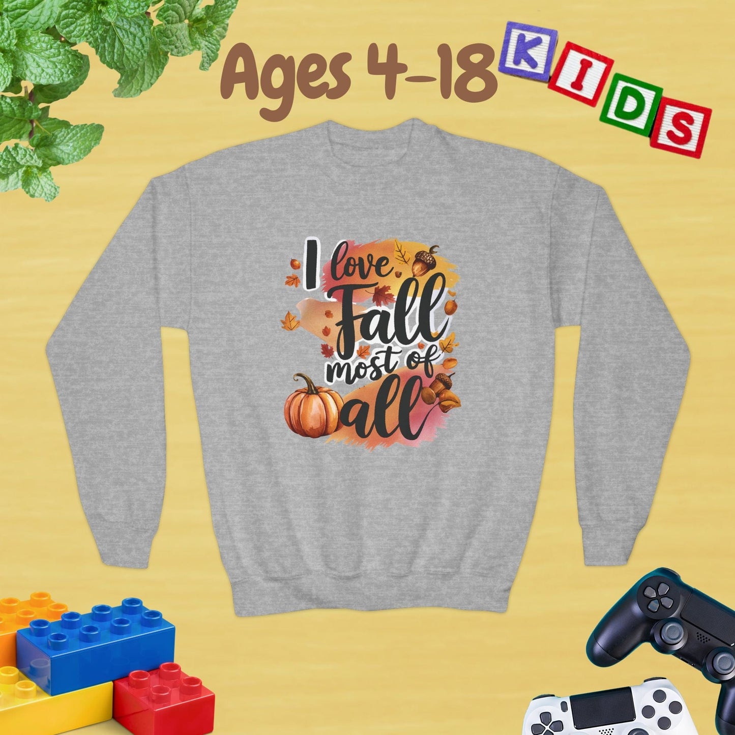 I Love Fall Most of All Ages 4-18 Unisex Kids and Teens Sweatshirt - Cozy Fall and Winter Youth Sweatshirt