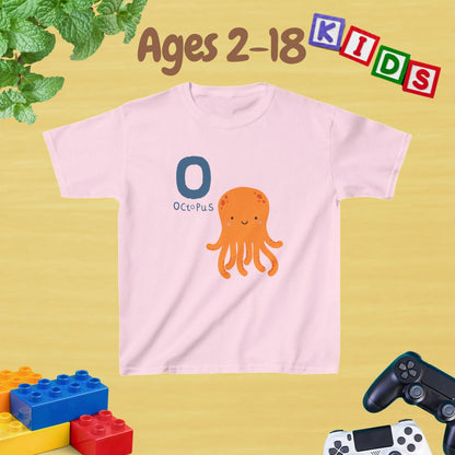 Animal Alphabet - O for Octopus Unisex Kids Tee - Fun Educational Graphic Tee for Age 2-18 Kids