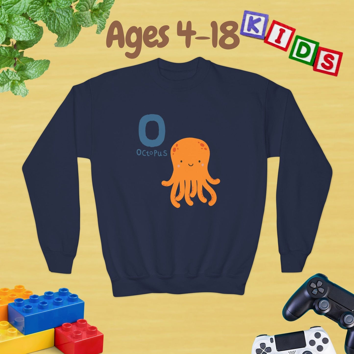 Animal Alphabet O for Octopus Ages 4-18 Unisex Kids and Teens Sweatshirt - Cozy Fall and Winter Youth Sweatshirt