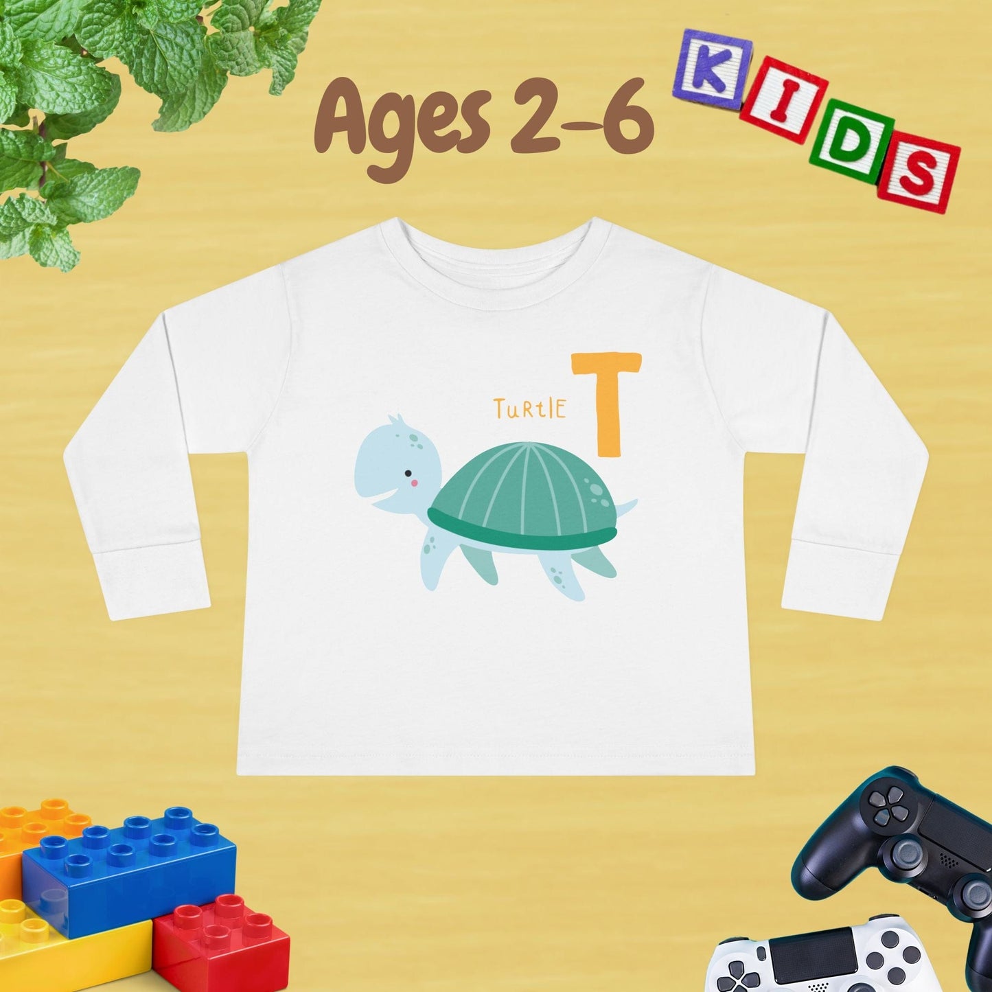 Animal Alphabet T for Turtle Unisex Kids Sweater Toddler Long Sleeve Tee Ages 2-6 - 100% Cotton Spring and Fall Kids Sweatshirt