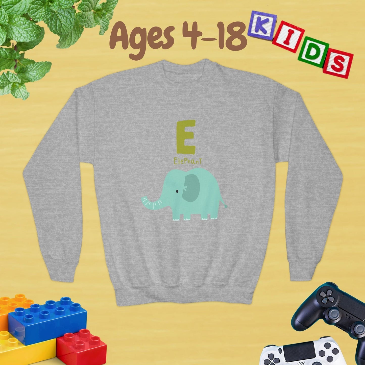 Animal Alphabet - E for Elephant Ages 4-18 Unisex Kids and Teens Sweatshirt - Cozy Fall and Winter Youth Sweatshirt