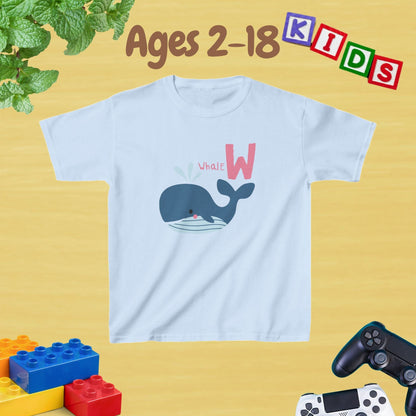 Animal Alphabet - W for Whale Unisex Kids Tee - Fun Educational Graphic Tee for Kids Age 2-18