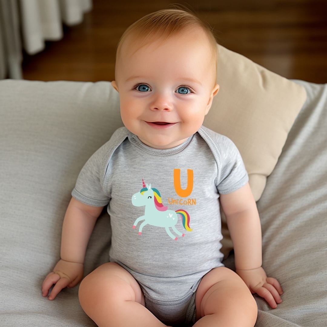 Animal Alphabet - U for Unicorn Baby Bodysuit - Unisex Graphic Bodysuit for Babies